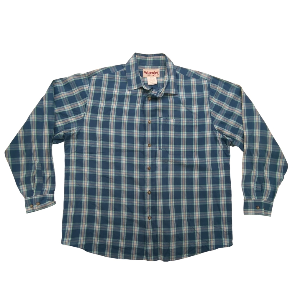 Wrangler Rugged Wear Shirt Mens XL Blue Plaid Button Up Western RWT141L